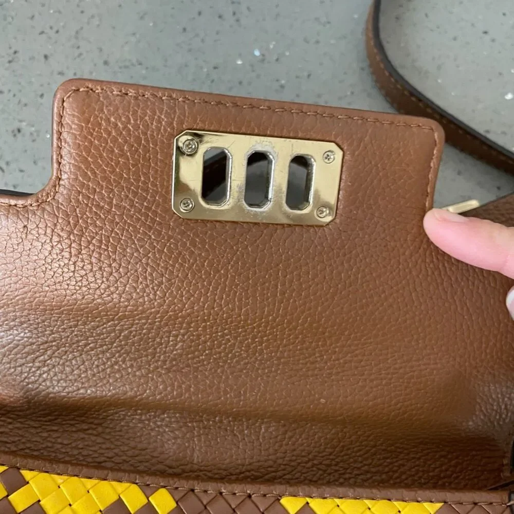 Michael Kors Mini Bag Karson Satchel Woven Brown Yellow Leather crossbody